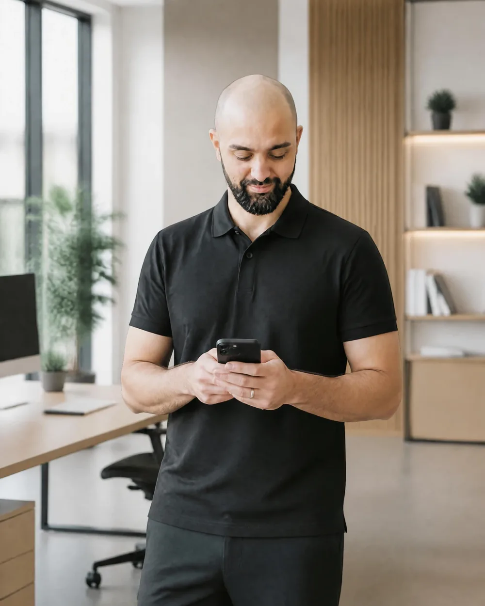 Kadri Tekdemir, Inhaber von VitalWebDesign, steht in seinem Büro und tippt auf dem Smartphone