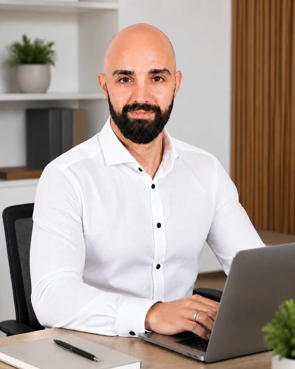 Porträt von Kadri Tekdemir, Inhaber von VitalWebDesign, im weißen Hemd am Laptop