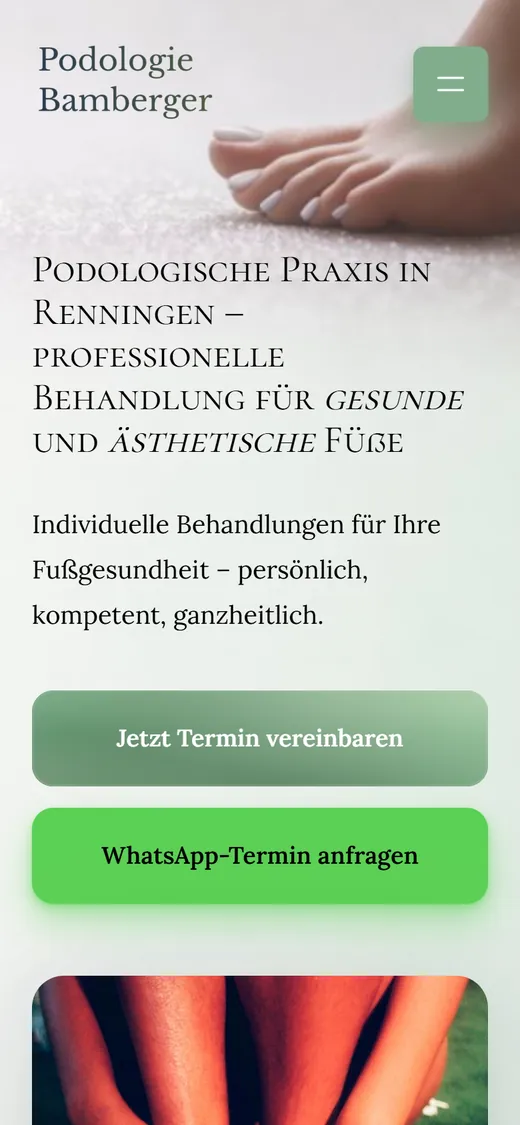 Startseite der Website von Podologie Bamberger auf dem Smartphone
