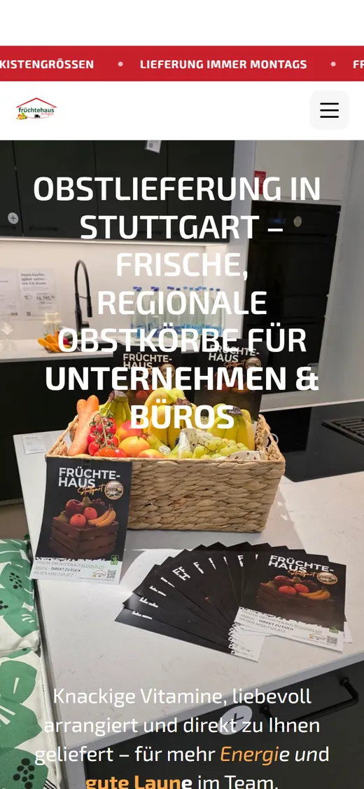 Startseite der Website von Früchtehaus Stuttgart auf dem Smartphone