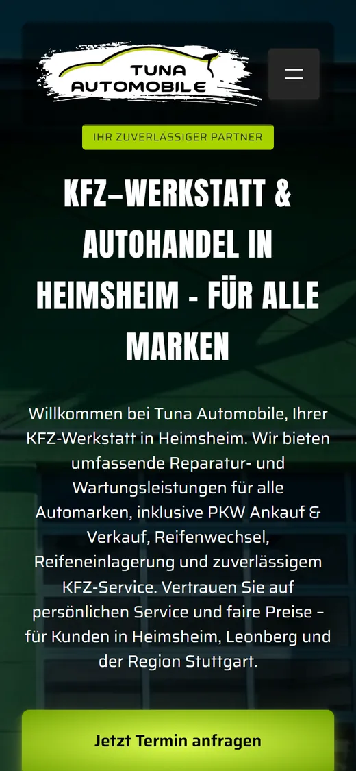 Startseite der Website von Tuna Automobile auf dem Smartphone